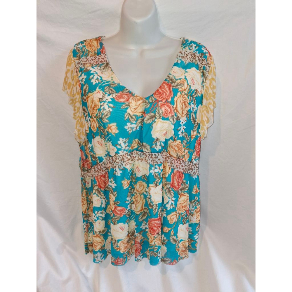 Cato Floral Size XL, Blue and Yellow spring bloom core office secretary blouse
